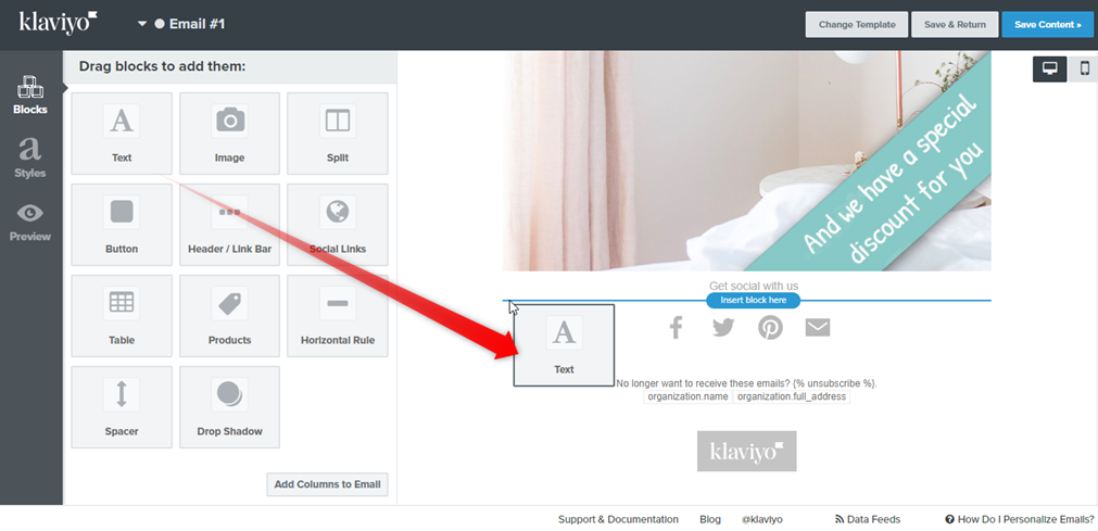 Insert text element into Klaviyo email template annotated