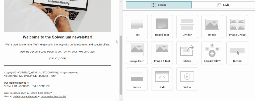 How to insert code snippet from Personal Discount into Mailchimp email template animated