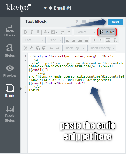 How to edit code source in Klaviyo text element annotated