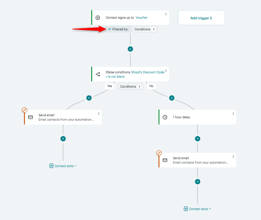 Mailchimp Journey editor displaying the filter condition settings being modified.