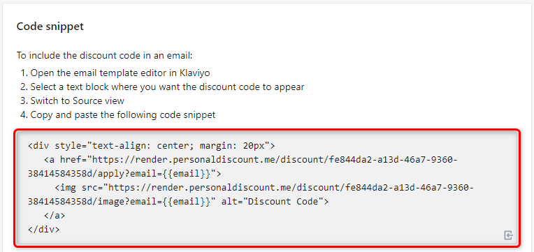 Copy Personal Discount code snippet annotated