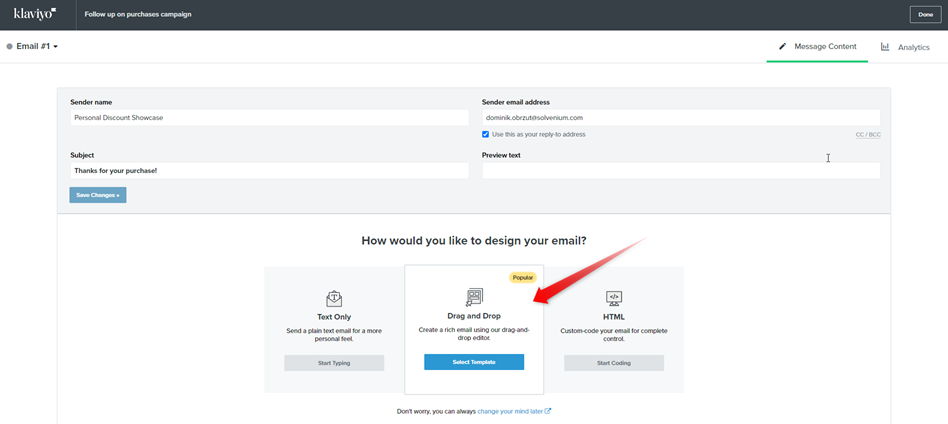 Select way of designing email for your Klaviyo workflow annotated