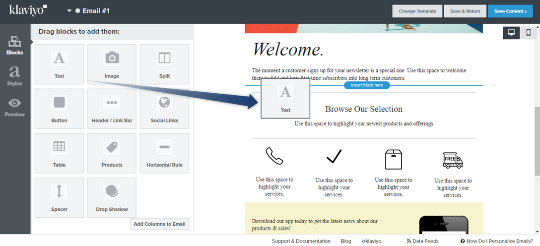 Insert text element into Klaviyo email design annotated