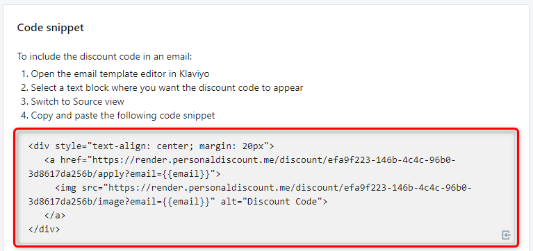 Copy code snippet from Personal Discount annotated