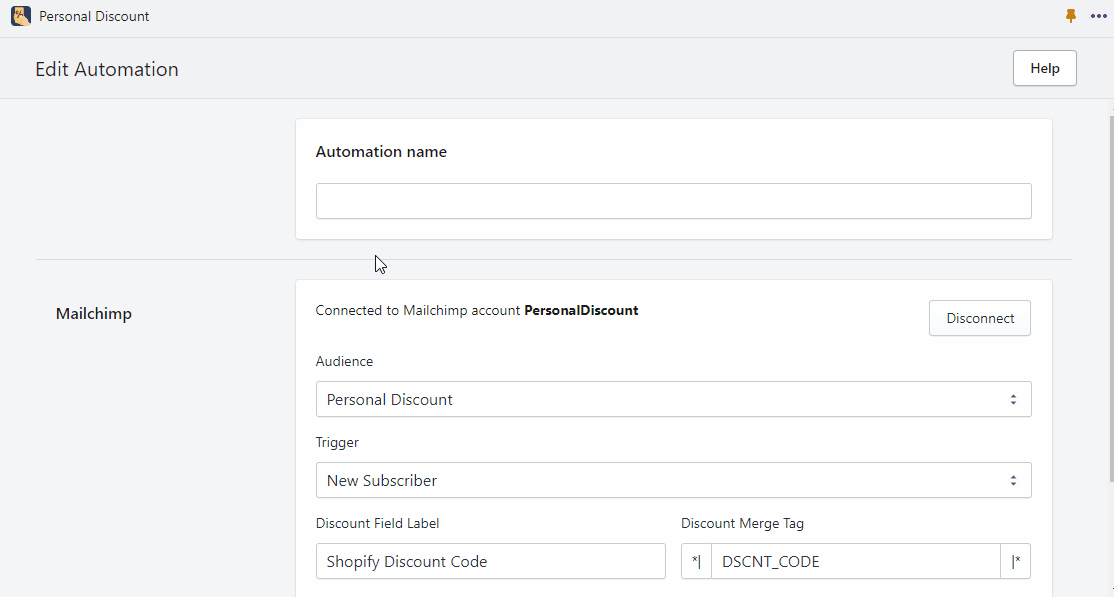 Personal Discount setting for welcome automation with Mailchimp animated annotated