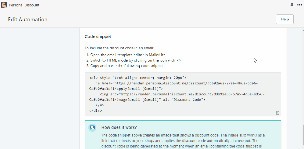 Copy Personal Discount automation code snippet animated
