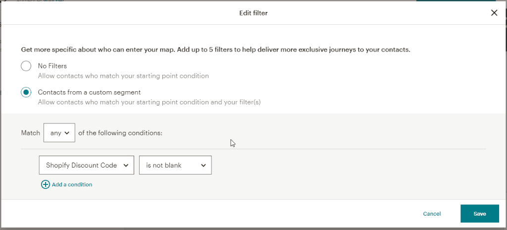 How to disable Shopify Discount code is not blank filter in Mailchimp animated