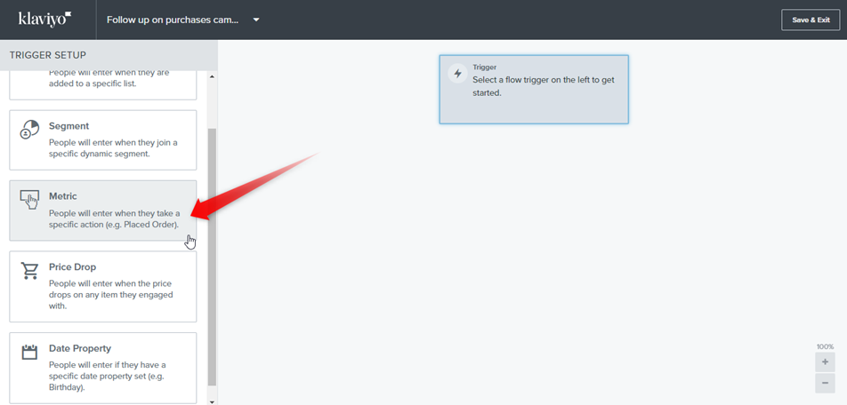 Select Klaviyo flow trigger annotated