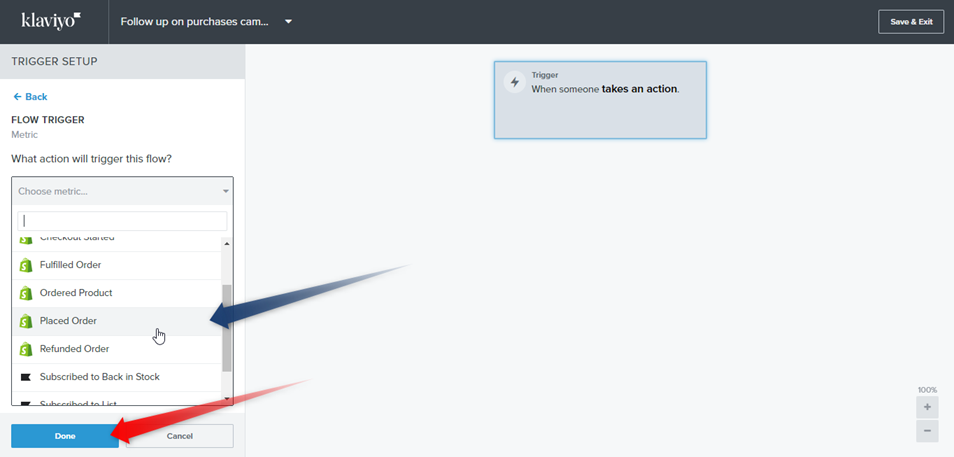 Place order trigger in Klaviyo flow annotated