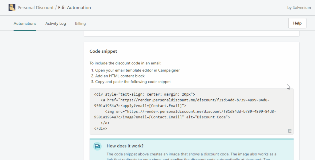 Copy the automation code snippet from Personal Discount animated