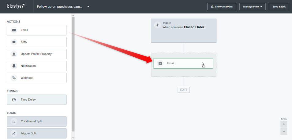 Insert send email action into Klaviyo flow annotated