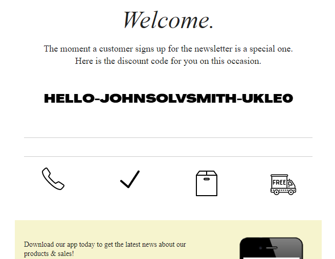 Example Klaviyo welcome message discount code with Personal Discount code