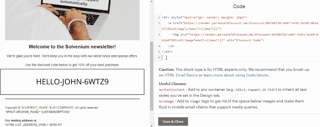 How to replace email merge tag in the Personal Discount code snippet animated