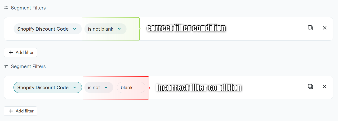 Mailchimp filter condition set to check that the Shopify discount code field is not blank.