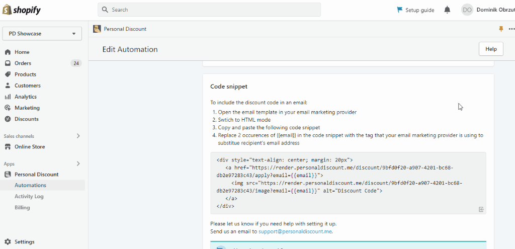 How to copy the code snippet from Personal Discount animated