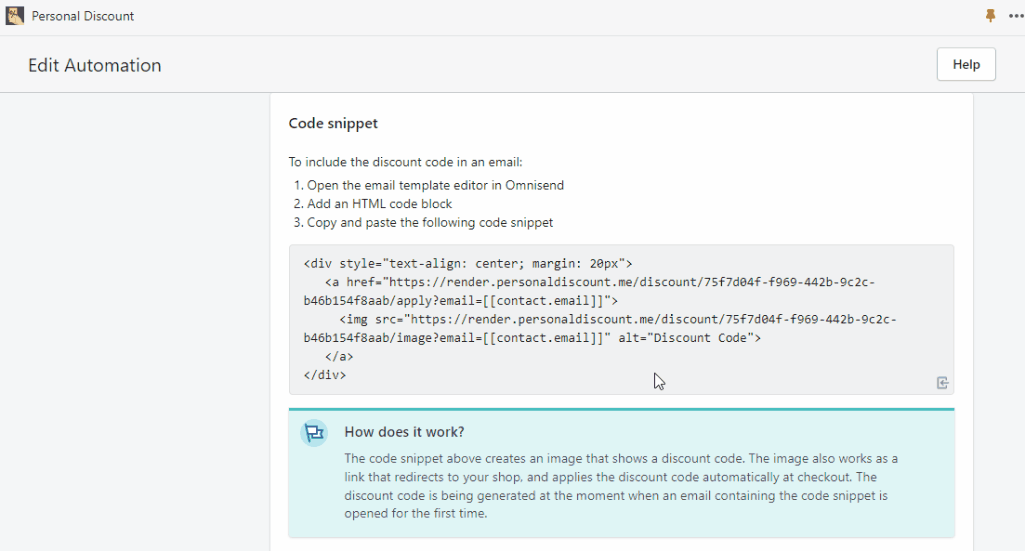Copy Personal Discount code snippet for Omnisend post-purchase automation animated annotated